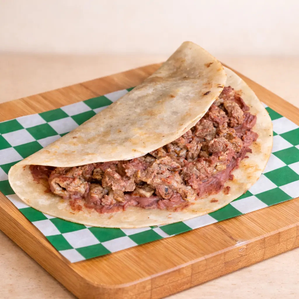 Taco pirata de carne de avestruz en tortilla de harina en Mérida